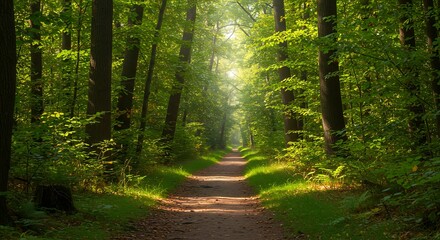 Obraz premium Path through a lush forest with sunlight filtering through trees