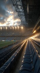 Empty stadium with illuminated seats and dramatic sky at dusk before a game in a bustling city