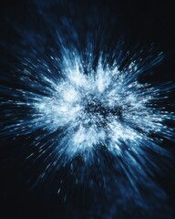 Fototapeta premium White blue energy explosion with glowing particles and light streaks on dark cosmic background
