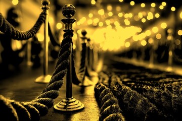 Pathway lined with ropes and polished stanchions creates an elegant entrance for a prestigious event in a softly lit venue