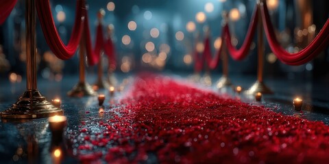 Elegant red carpet with golden stanchions and soft candlelight creating a luxurious atmosphere during an evening event