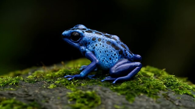 Vibrant blue amphibian with black markings rests on a mossy surface with a blurred natural background, showcasing wildlife in its environment and highlighting its striking coloration in detail.