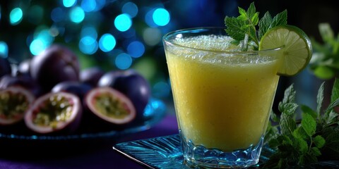Refreshing tropical drink with passion fruit and lime garnished with mint on a vibrant background