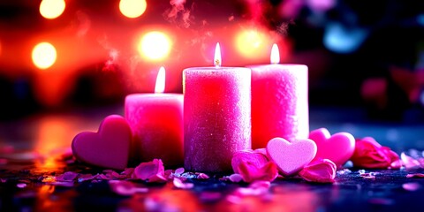 Soft pink candles illuminate a romantic setting with heart-shaped decorations and flower petals in the background during a cozy evening - High Contrast
