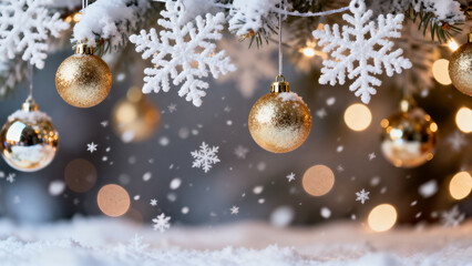 Enchanting Winter Festival: A Dreamy Scene Adorned with Snowflakes and Golden Ornaments