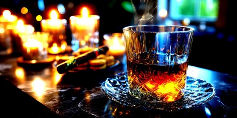 Glass of amber liquor on a dark marble table with lit candles in a cozy setting during the evening - High Contrast