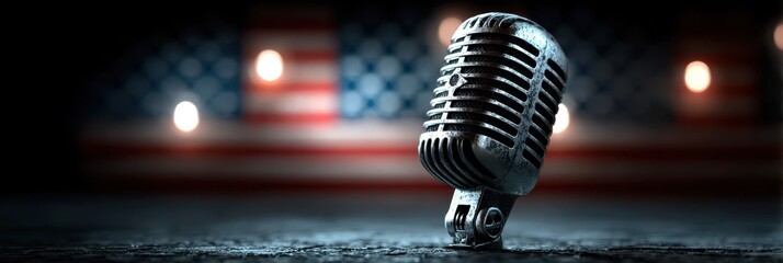 Vintage microphone against a blurred American flag background with soft lighting highlighting its features