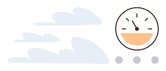 Clouds indicating motion beside an analog gauge with subtle design. Ideal for speed, progress, efficiency, optimization, performance, growth, productivity, simple flat metaphor