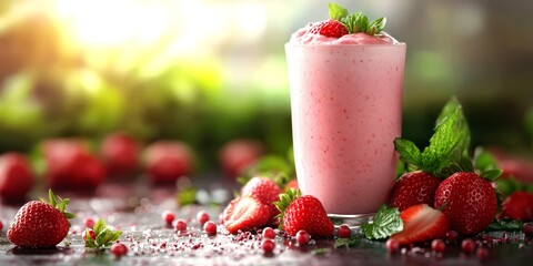 Fresh strawberry smoothie served in a glass, surrounded by ripe strawberries and mint leaves
