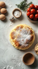Delicious baked bread surrounded by fresh ingredients and eggs on a kitchen countertop during a cooking session