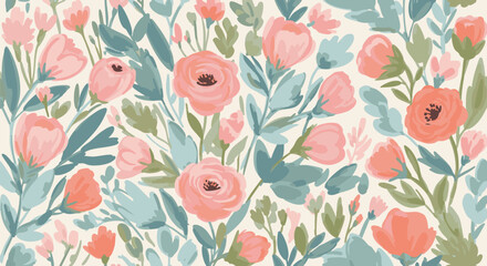 A charming and artistic floral pattern featuring hand-painted pink roses and green leaves on a cream background