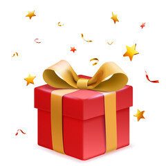 A red gift box with a golden ribbon and bow, surrounded by golden stars on a white background.