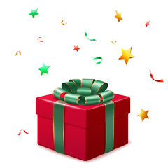 A digital illustration of a red gift box adorned with a green ribbon and bow, surrounded by colorful stars and ribbons on a white background.