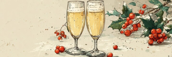 Elegant champagne glasses with festive decorations for a holiday celebration near the end of the year