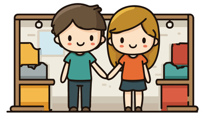Cheerful Cartoon Couple Shopping Together in a Store - Fun and Colorful Illustration