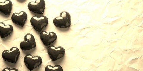 heart shapes arranged on crumpled paper create a romantic and festive atmosphere for celebrations and memories