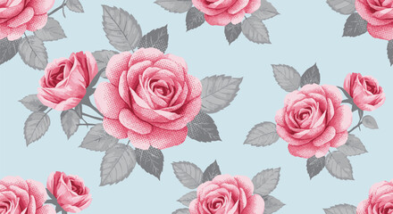 Seamless repeating pattern featuring vibrant pink roses with vintage halftone texture against a soft mint green background