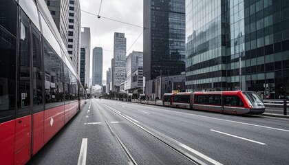 Obraz premium Modern red trams on a wide, empty city street surrounded by tall glass skyscrapers.