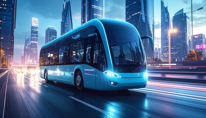Obraz premium Electric Bus Gliding Through City Streets at Twilight