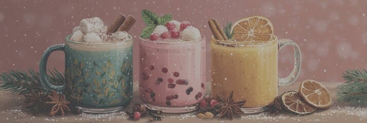Warm beverages displayed on a wooden table with festive toppings in a cozy winter setting - Low Contrast