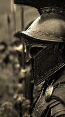Warrior in ancient armor stands under rain amidst flowers in a historical battlefield setting