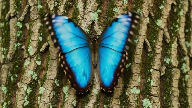 Stunning blue morpho butterfly resting on a mossy tree bark macro photograph