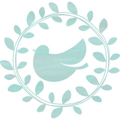 Illustration featuring a beautiful watercolor-patterned olive wreath and a bird icon image