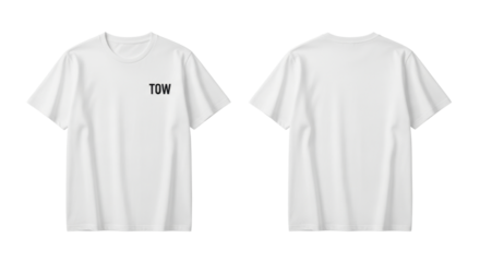 Two white t-shirts displayed, showing the front and back, with a small logo on the front.