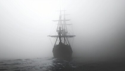 A majestic old sailing ship, silhouetted against a backdrop of thick, swirling mist, navigates the dark, mysterious waters, evoking a sense of adventure and the unknown