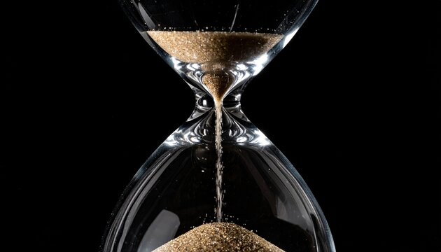 Golden sand gracefully flows through a classic glass hourglass, symbolizing the relentless passage of time and impending deadlines