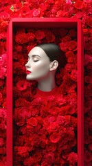Stunning mannequin head surrounded by vibrant red flowers in a creative display at a floral exhibition