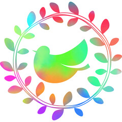 Illustration featuring a beautiful watercolor-patterned olive wreath and a bird icon image