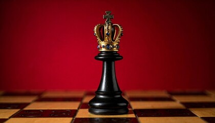 Conceptual image of a black king chess piece with a golden crown on a wooden board against a dramatic red background