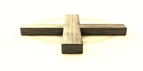Wooden cross on a background with a subtle halo effect highlighting its texture and form during a calm moment