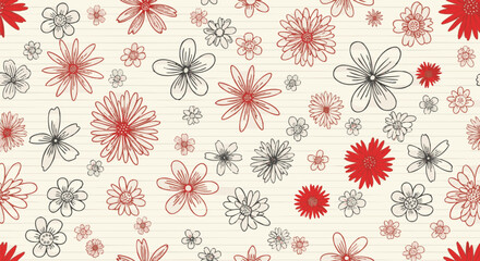 Floral seamless pattern in red and black. The whimsical hand-drawn flowers are on a cream background