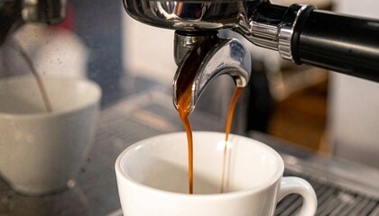Close-up of rich espresso pouring into a white cup, showcasing the perfect coffee shot