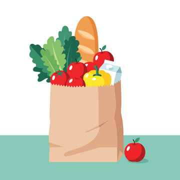 A brown paper grocery bag filled with fresh produce bread and milk.