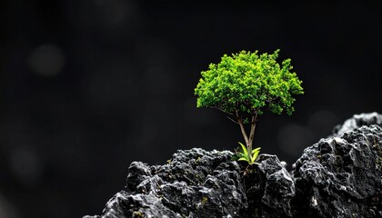 Symbolizing resilience and hope, a solitary green tree emerges and grows from a rugged dark rock, illustrating the concept of new beginnings and strength