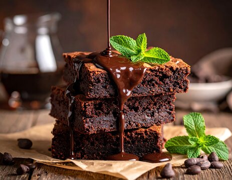 Stack of rich chocolate brownies drizzled with melted chocolate