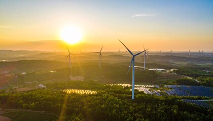 Breathtaking aerial view of a wind farm with towering turbines and solar panels during a serene golden sunset over a lush, misty landscape