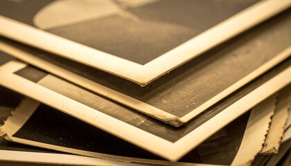 A close-up detail of the worn and dusty corners on a stack of old, vintage sepia-toned photographs representing memories