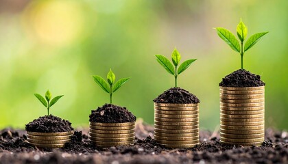 Visual representation of financial growth and investment success, with coins stacking up to support new plant life, symbolizing prosperity and a bright future