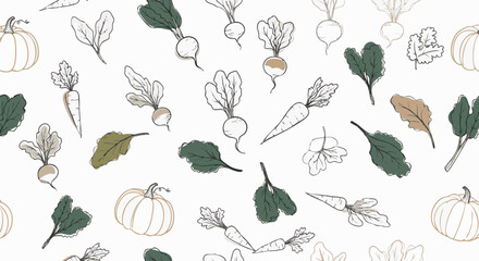 Hand-drawn illustration of various vegetables, including pumpkins, carrots, and radishes, forming a seamless pattern