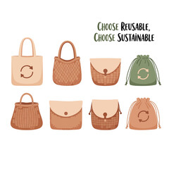 A collection of various reusable and sustainable bags for an ecofriendly lifestyle.