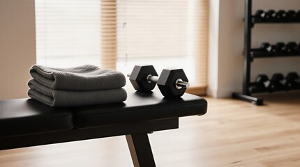 essential fitness gear: dumbbells and towel on bench in modern home gym | fitness, gym, health, training, wellness theme