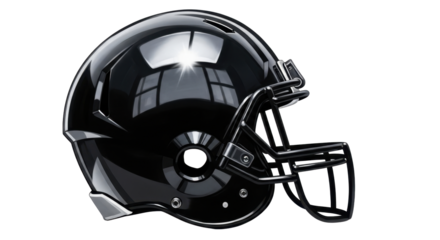 A glossy black American football helmet with a protective facemask, shown in profile with reflections on its shiny surface.