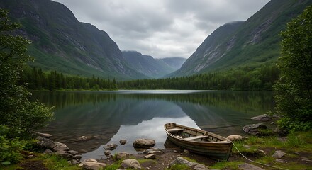 Obraz premium Mountain lake landscape with boat reflection under overcast sky