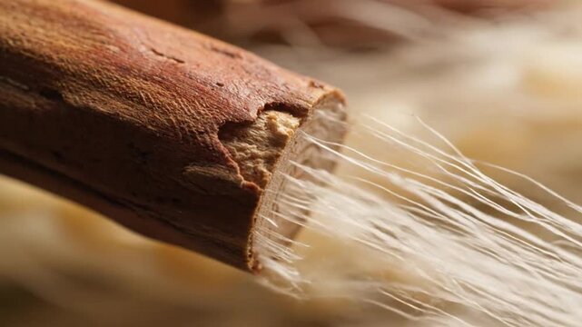Macro Cinematic Shot of Woody Core Separating from Plant Fibers in Natural Light Showing Texture Detail and Fiber Structure for Botanical Studies and Abstract Backgrounds and Seed Dispersal 198