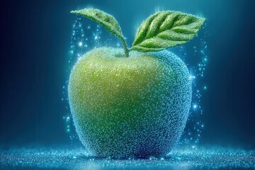 Green Apple Glistening With Water Droplets and Sparkles on a Blue Background