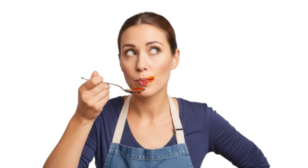 Woman in apron tasting food from a spoon, looking thoughtful isolated on transparent background
